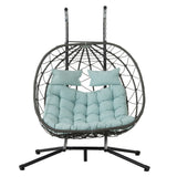 Outdoor Hanging Egg Chair Wicker PE Blue 2-Person Stand Cushion 60.2x36.2 In