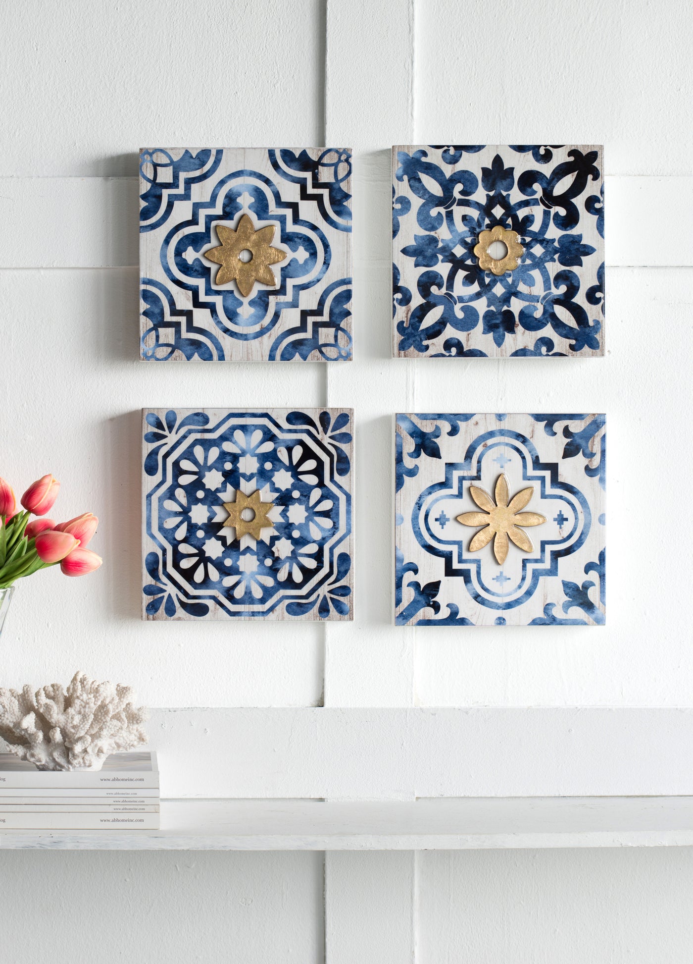 Abstract Blue White Gold Wall Decor Accents Set of 4 9.5x9.5
