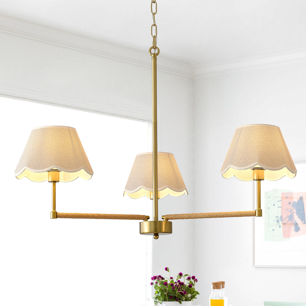 3-Light Contemporary Rope + Fabric shade Chandelier, Gold Chandelier