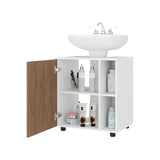 Under Sink Bathroom Cabinet with Side Shelves, White and Oak