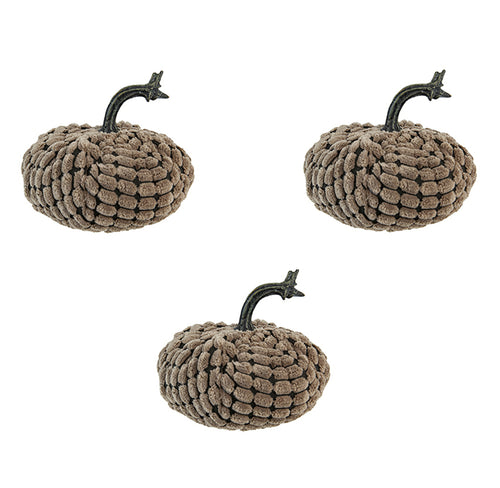 Set of 3 Chenille Weighted Pumpkins Dark Brown Fall Harvest Decor
