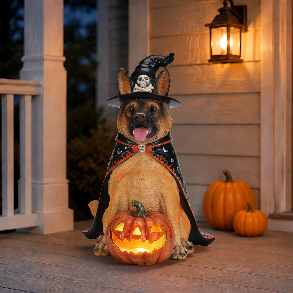 Halloween German Shepherd Dog Statue, Large Sitting Dog Figurine with Witch Hat