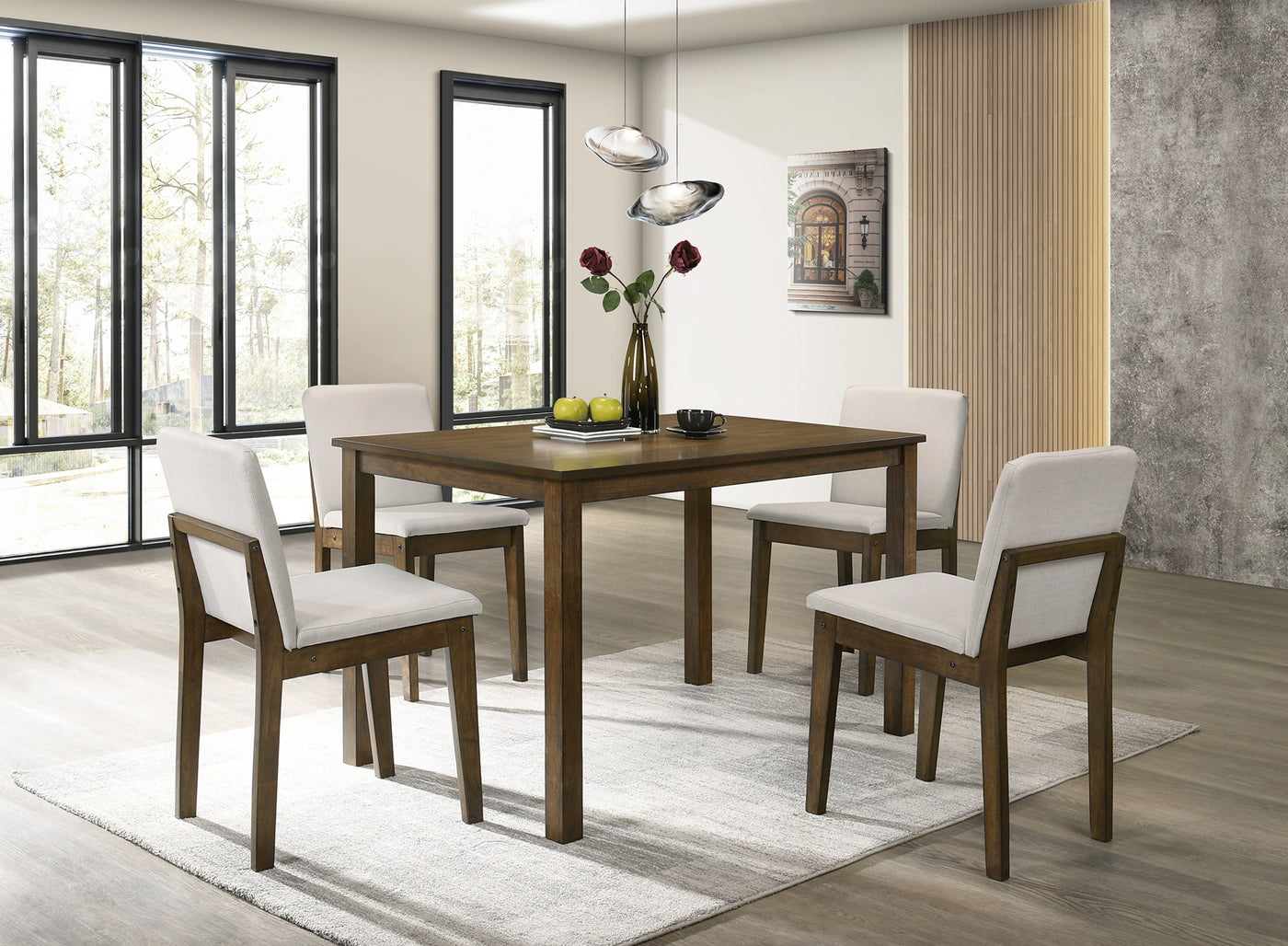 Dark Walnut 5-Piece Dining Set with Beige Fabric Chairs