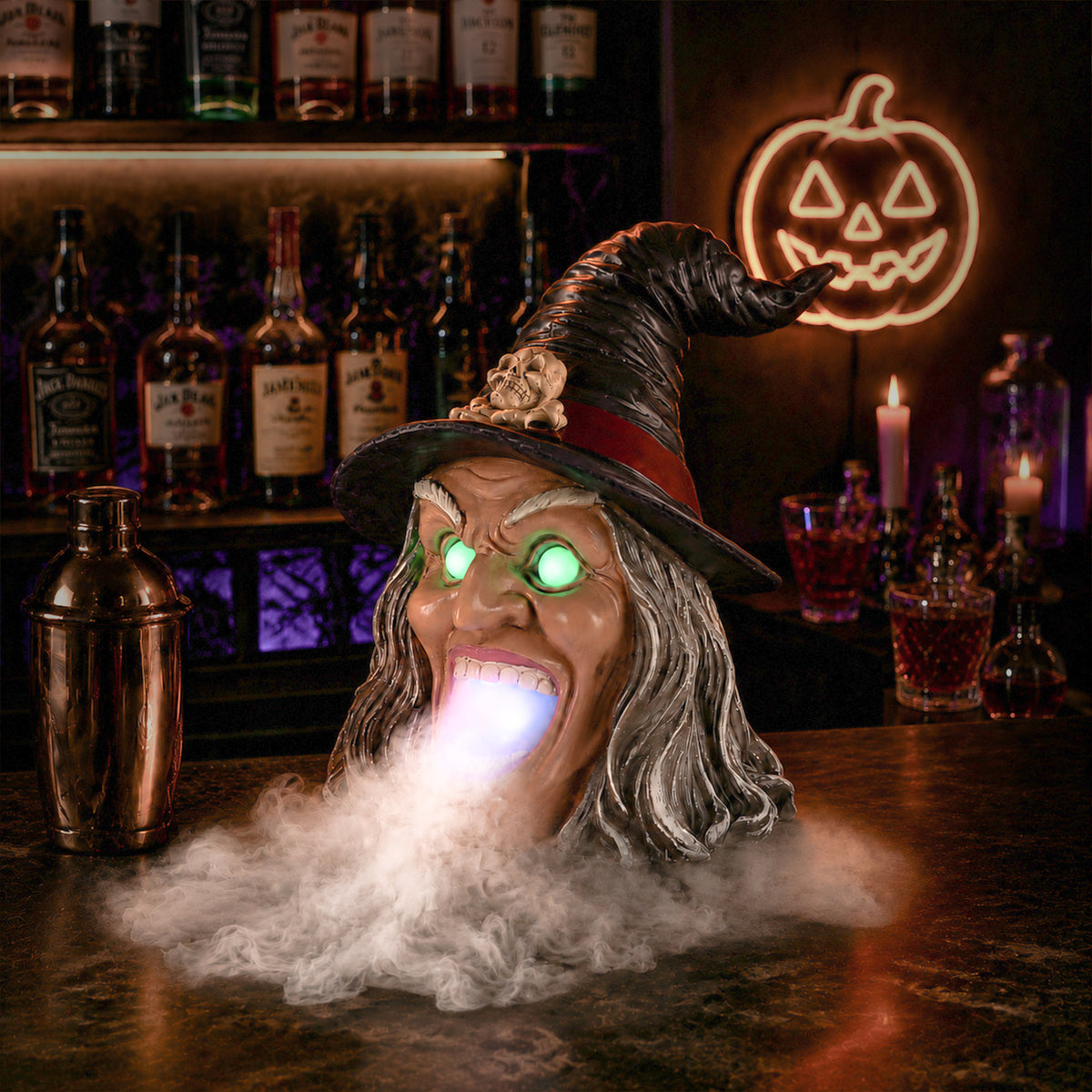 Halloween Witch Head Decor with LED Light and Mist Effect, Spooky Tabletop Decor