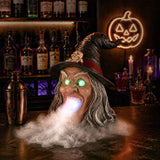 Halloween Witch Head Decor with LED Light and Mist Effect, Spooky Tabletop Decor