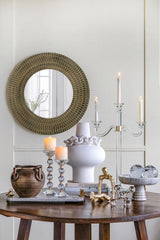 29.5" Round Black Gold Wooden Accent Mirror Woven Texture