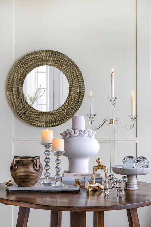 29.5" Round Black Gold Wooden Accent Mirror Woven Texture
