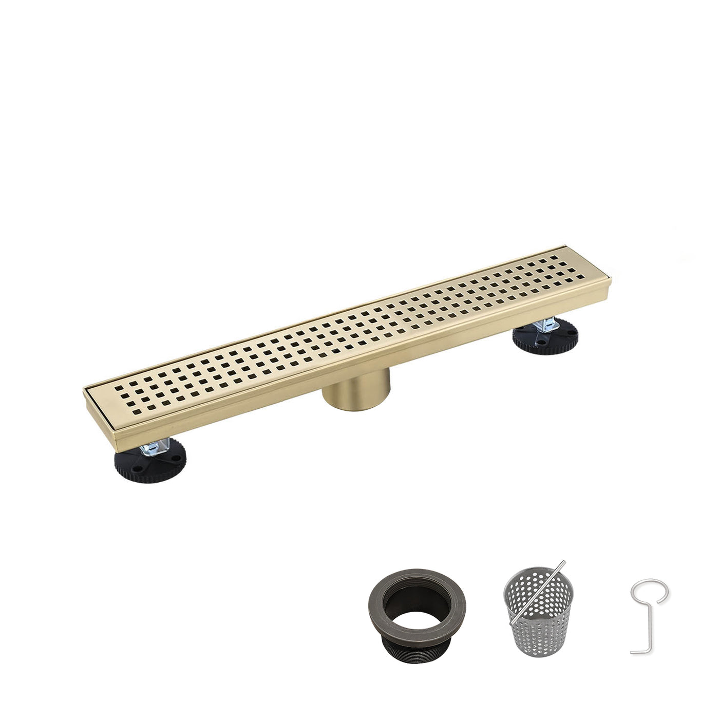 12" Linear Shower Drain, 304 Stainless Steel, Quadrato Grate