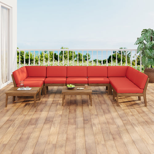Outdoor Sectional Set Acacia Wood Teak Red Cushions 8 Seat Slatted
