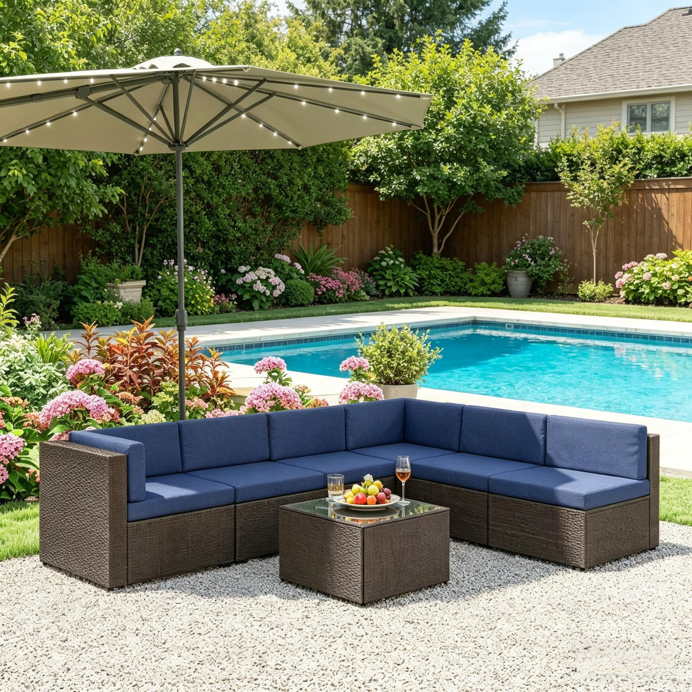 Outdoor Sectional Set PE Rattan Metal Dark Blue Black 7 Piece 264 LB