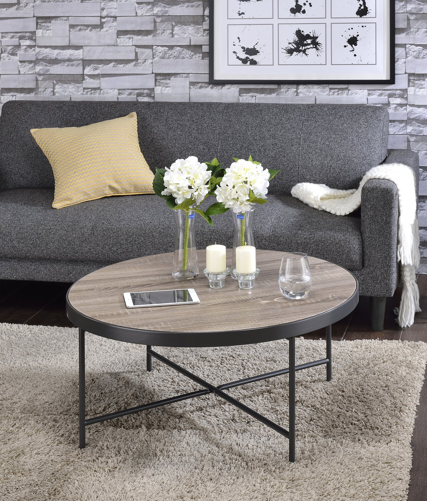 Weathered Gray Oak and Metal Coffee Table