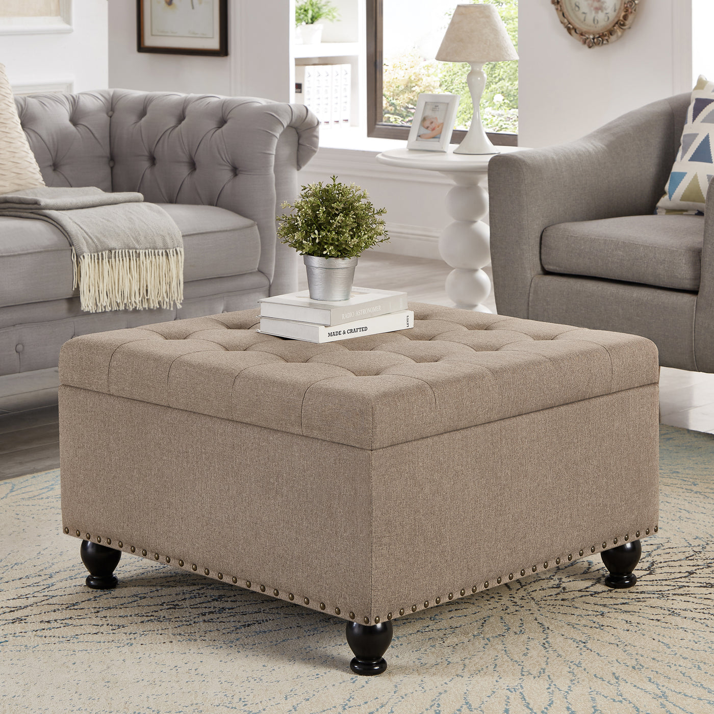 Large Square Storage Ottoman Button Tufted Wooden Legs Linen, 30x30x18
