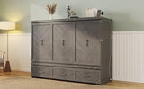 Queen Size Murphy Bed, Pine Wood Cabinet Bed with Built-in USB Charging Station and Geometrical Decoration Panel ,Grey