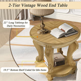 Round Rubberwood End Table with Storage Antique Natural
