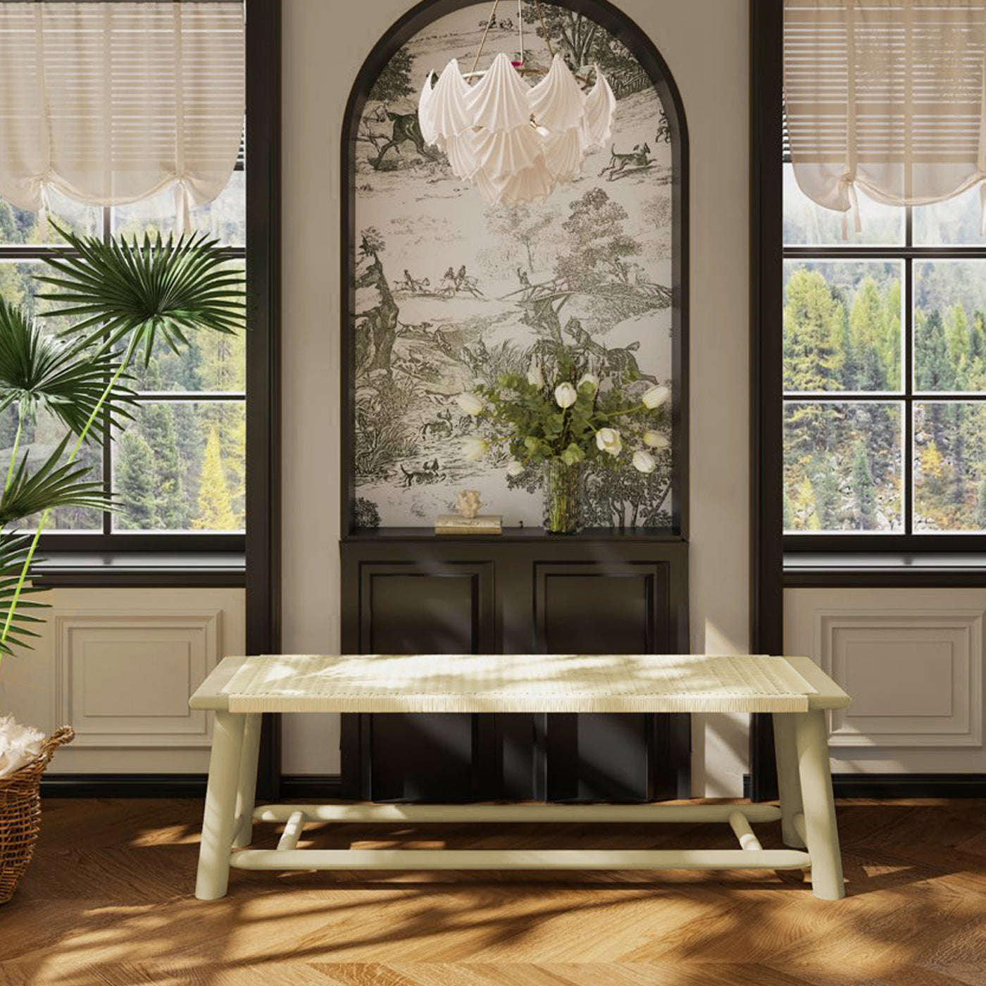 Farmhouse Solid Wood Rattan Bench 59 Inch Indoor Outdoor
