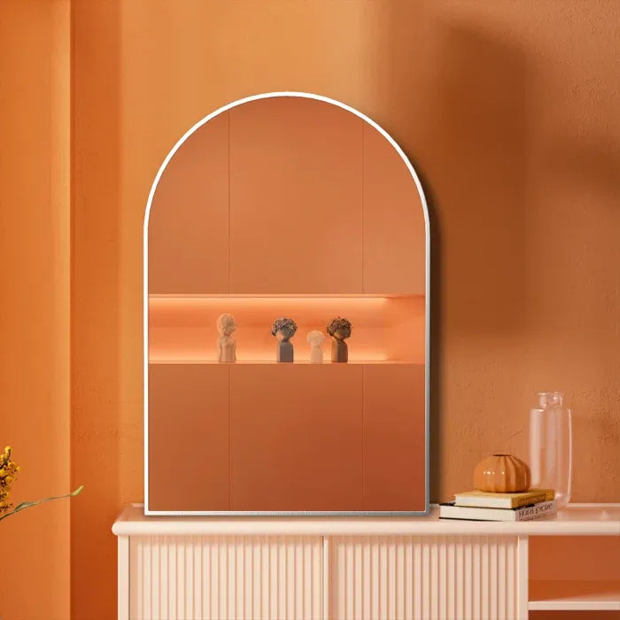 20x30 Silver Metal Framed Arched Bathroom Mirror for Wall