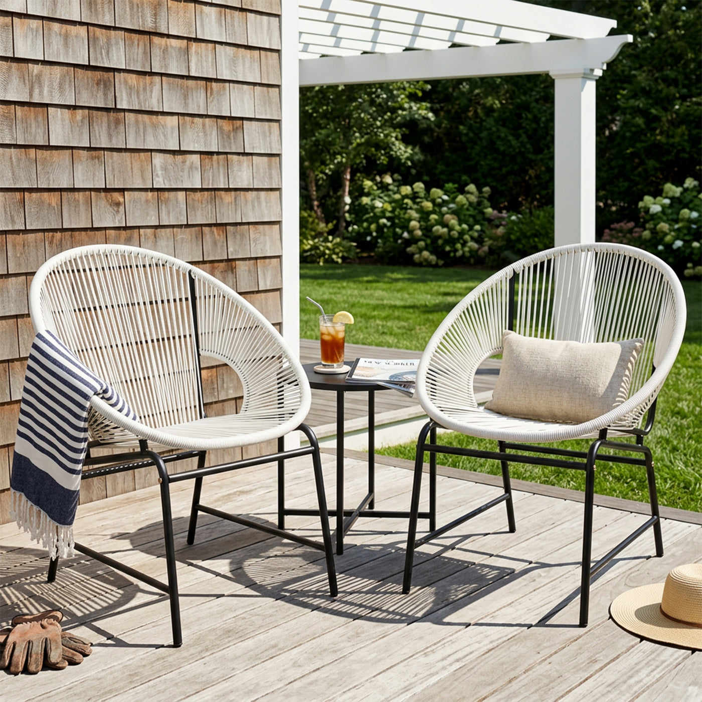 NUSA OUTDOOR PATIO WICKER CHAIR, WHITE PE RATTAN & IRON FRAME, SET OF 2
