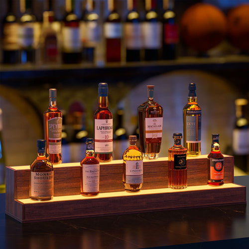 37" LED Lighted Liquor Bottle Display Shelf, 2-Tier Walnut