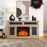 TV Stand Fireplace Light Oak MDF Embossed Doors 1400W Fits 65 In TV 58.27 In