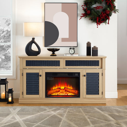TV Stand Fireplace Light Oak MDF Embossed Doors 1400W Fits 65 In TV 58.27 In