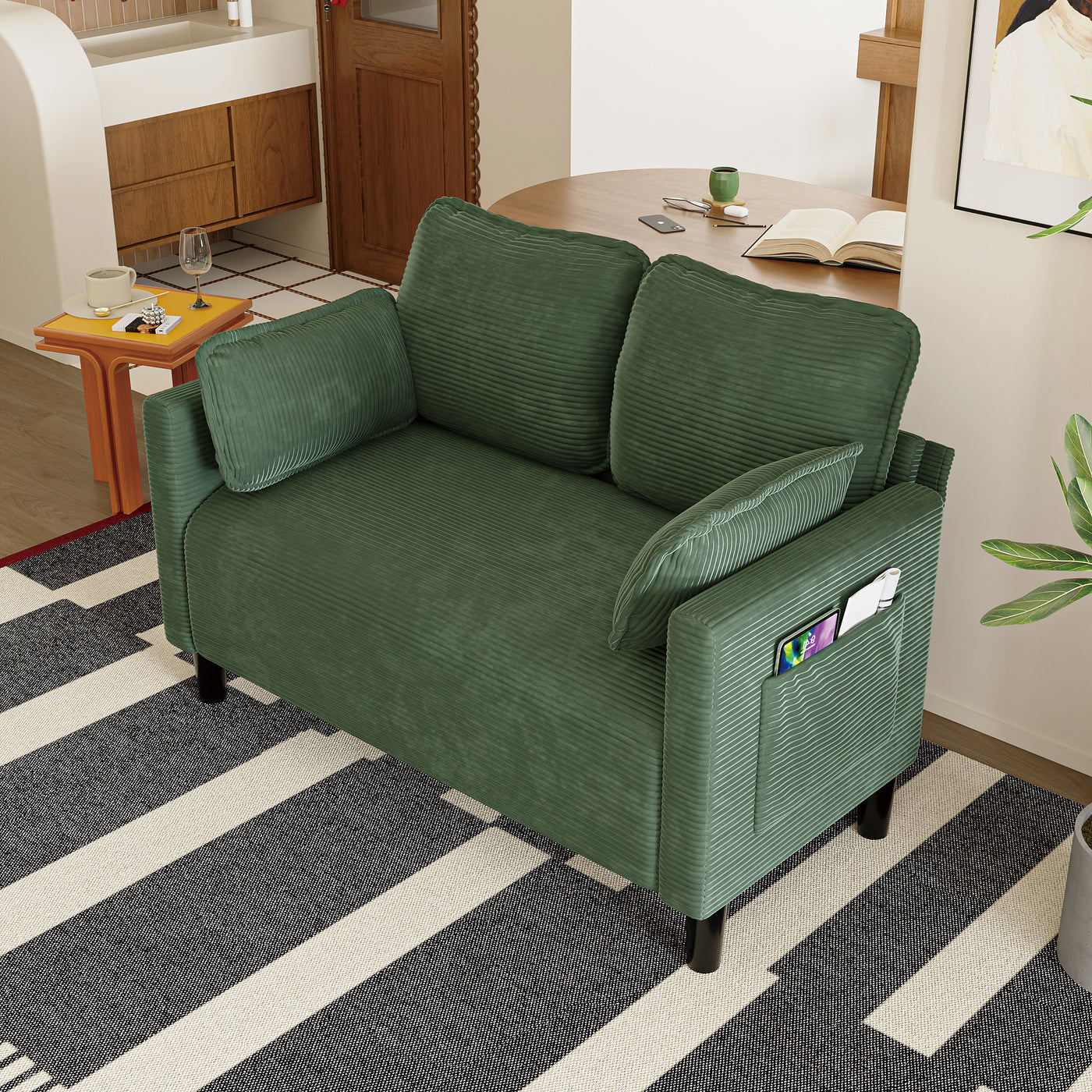 48" Soft Corduroy Loveseat Couch with Storage Pocket