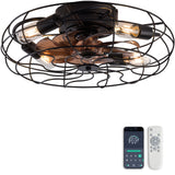 19-inch black wrought-iron cage-style ceiling fan light, featuring remote