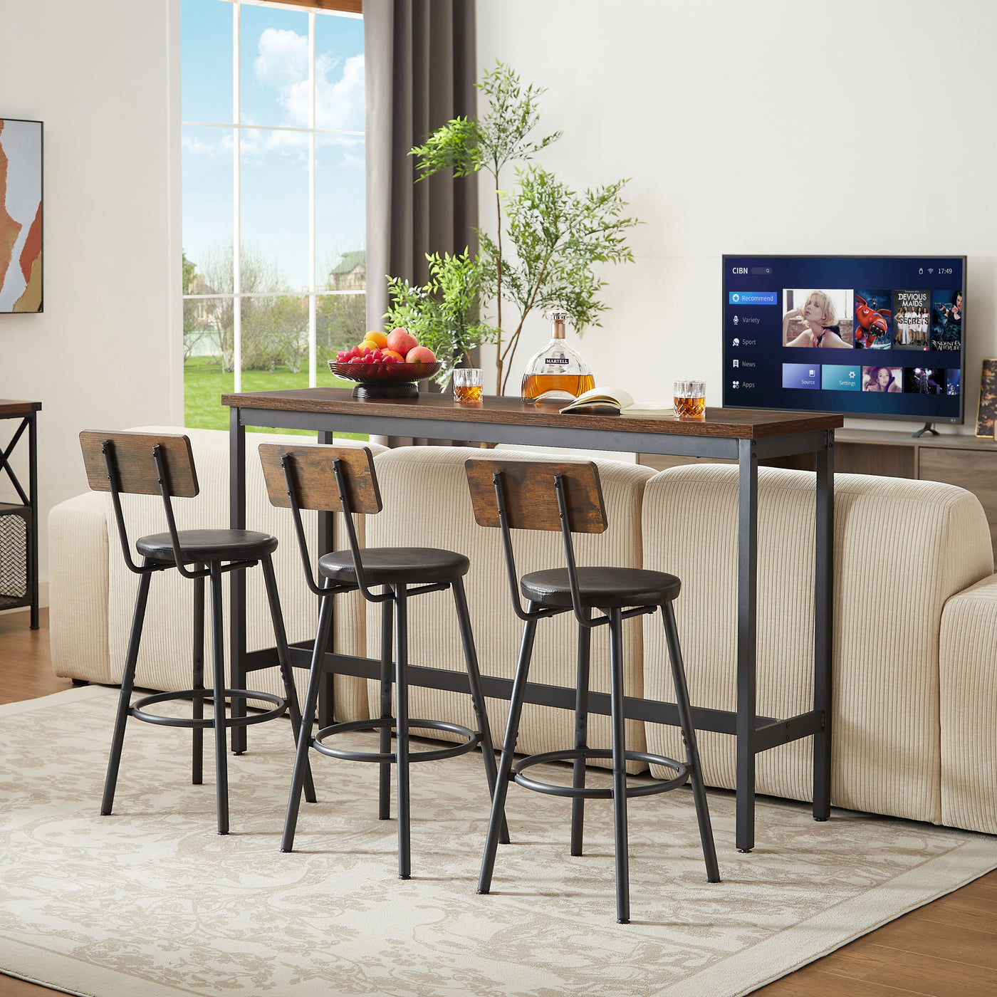 Industrial Bar Table Set with 3 Stools, 63"L Rustic Brown