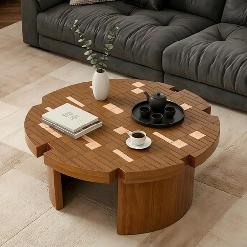 Round Engineered Wood Coffee Table Brown/Yellow