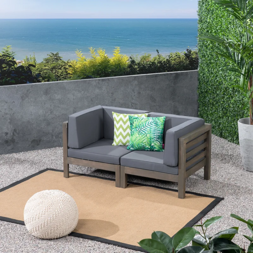 2-Piece Loveseat Set with Water-Resistant Cushions in Dark Grey Acacia Wood