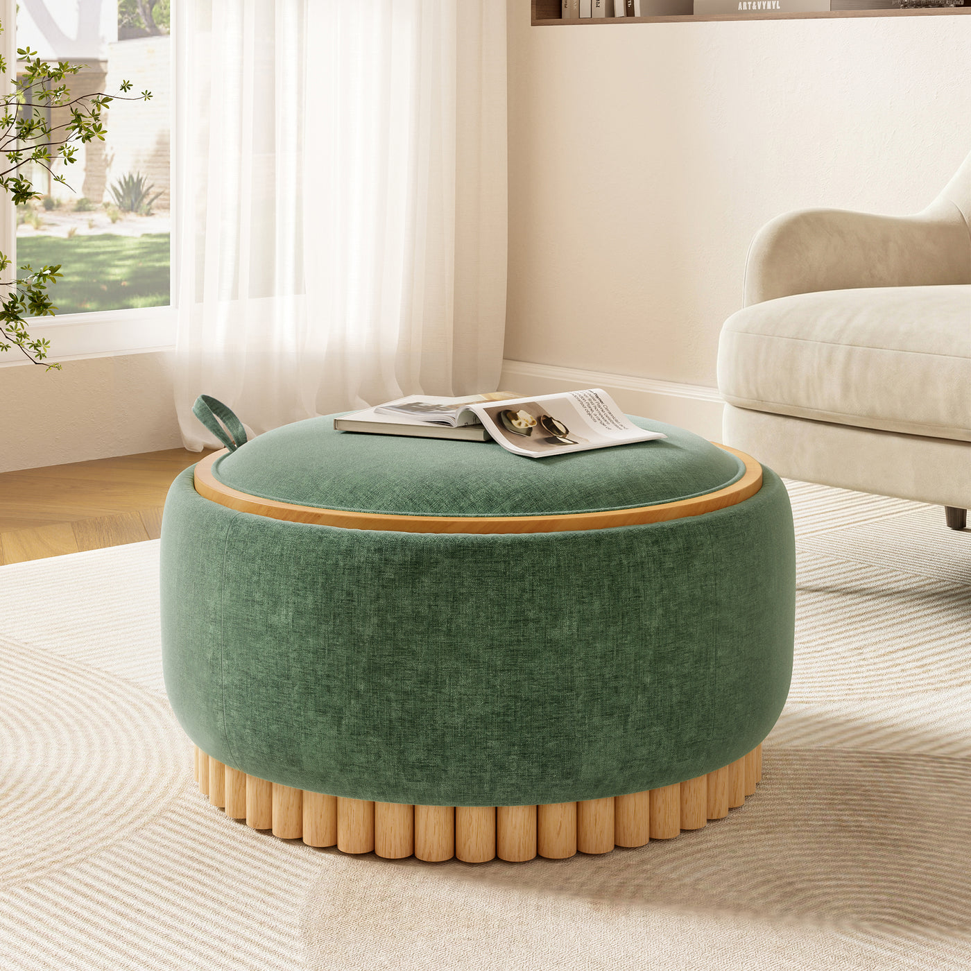 29' Round Storage Ottoman with Solid Wood Legs, Modern Coffee Table with Reversible Lid, Wood Frame, Chenille Fabric Footrest for Living Room, No Assembly Required