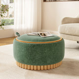 29' Round Storage Ottoman with Solid Wood Legs, Modern Coffee Table with Reversible Lid, Wood Frame, Chenille Fabric Footrest for Living Room, No Assembly Required