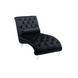 Velvet Chaise Lounge, Button-Tufted with Pillow, Black, 63.38x28.94x34.05 in
