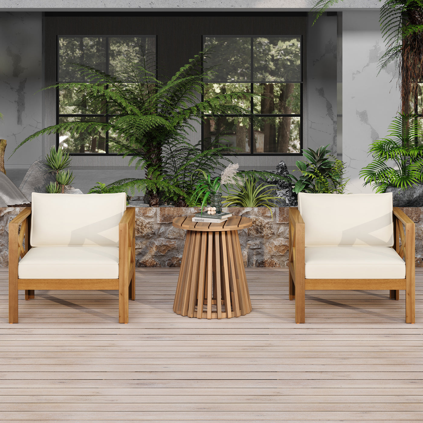 Outdoor Conversation Set Acacia Wood Teak Beige Cushion 3 Piece 400 LB