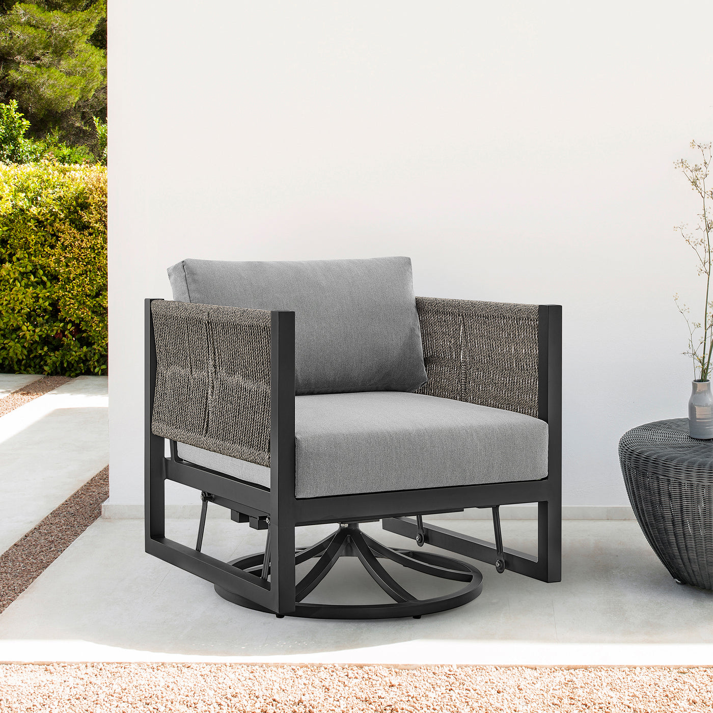 Outdoor Swivel Glider Lounge Chair Aluminum Black Gray Cushion 360 Degree