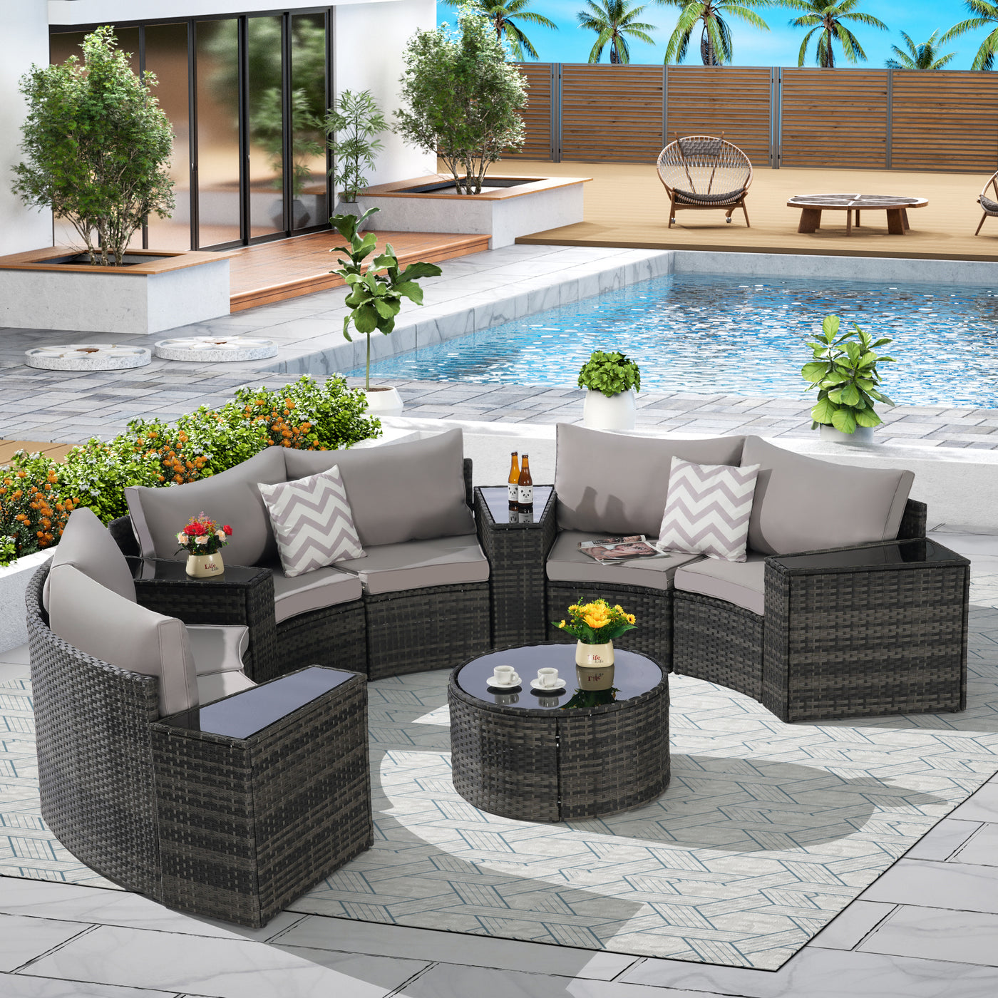 Outdoor Sectional Set PE Rattan Steel Light Gray Half Moon 11 Piece 380 LB