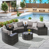 Outdoor Sectional Set PE Rattan Steel Light Gray Half Moon 11 Piece 380 LB