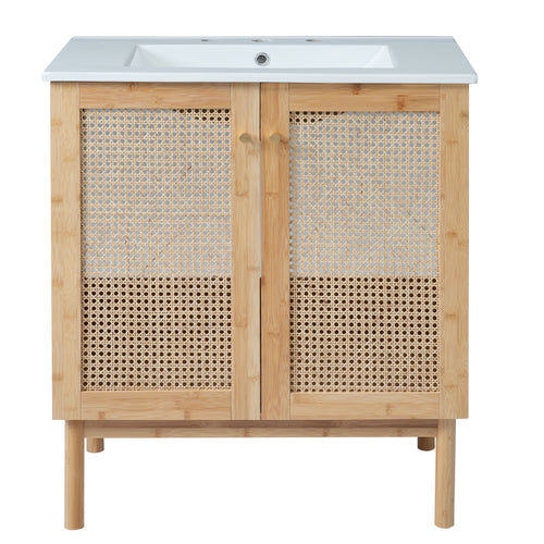 30-inch Bathroom Vanity Rattan Doors Bamboo Frame Soft-Close