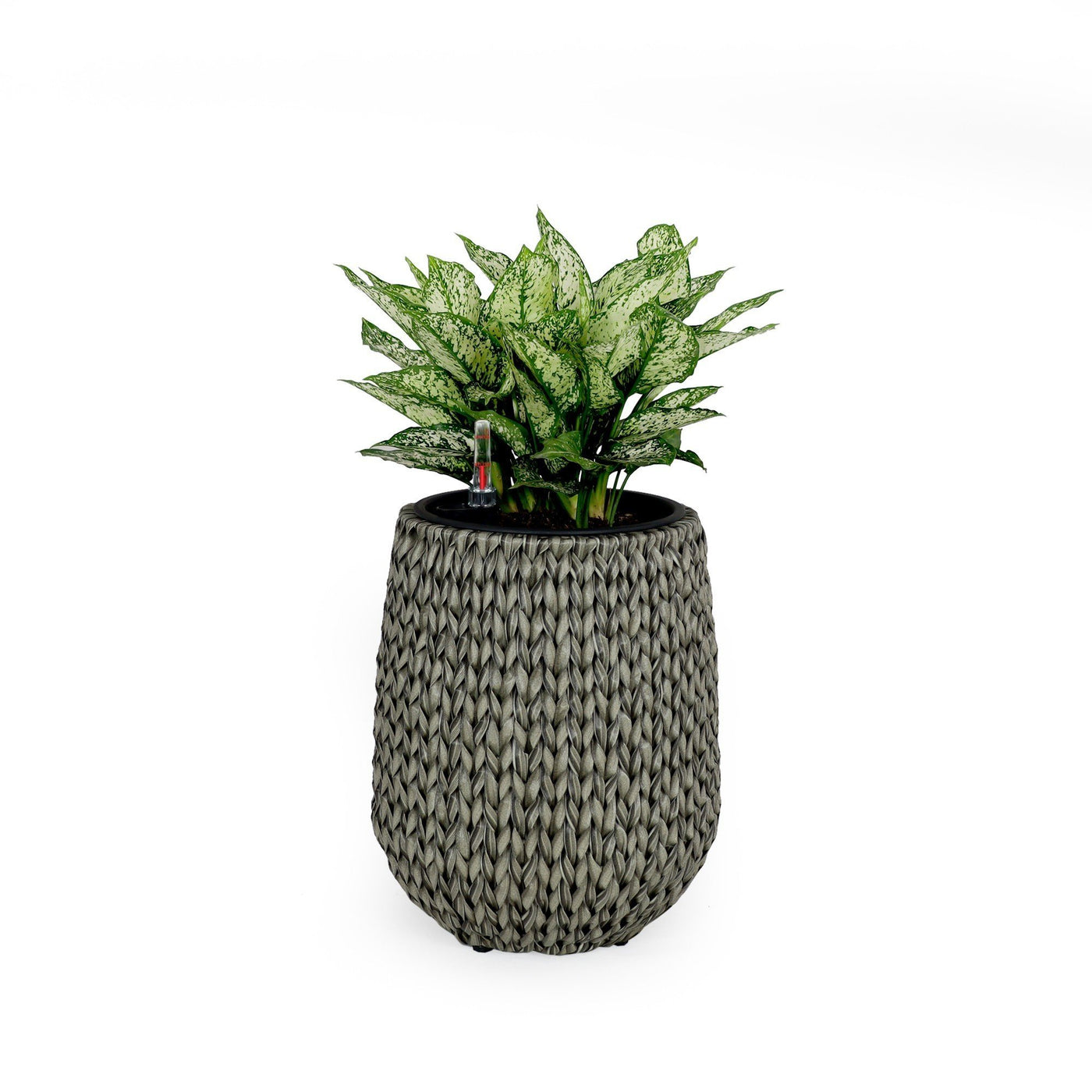 13.4" Round Gray Self-Watering Wicker Planter Pot