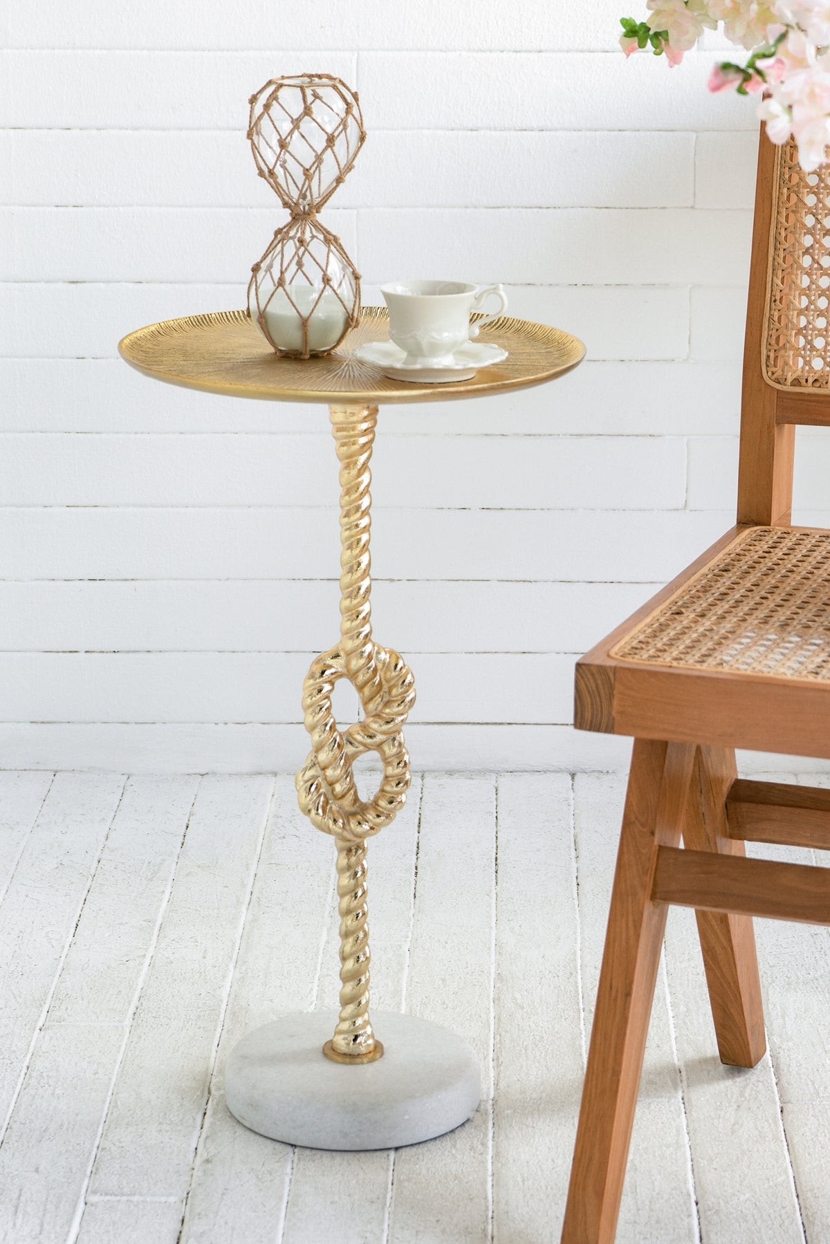 Gold Side Table with Rope Knot Design and White Marble Base