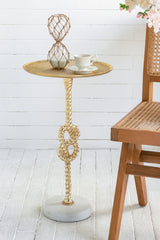 Gold Side Table with Rope Knot Design and White Marble Base