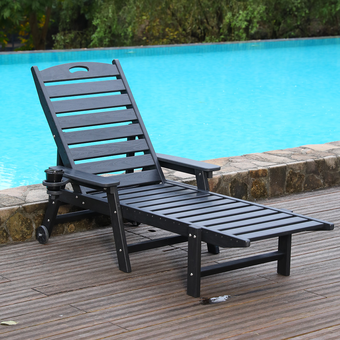 Black HDPE Chaise Lounge Chair 360 LBS Adjustable Backrest