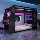 Full Size Wooden Gaming Bunk Bed with Desk, Shelves, USB LED
