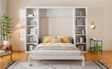 White Queen Size Murphy Bed with Desk and Bookshelf, Pine Wood + MDF, 116.9''L x 84.6''W x 86.8''H