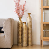 Set of 3 Gold Distressed Metal Vases with Vine Pattern 34