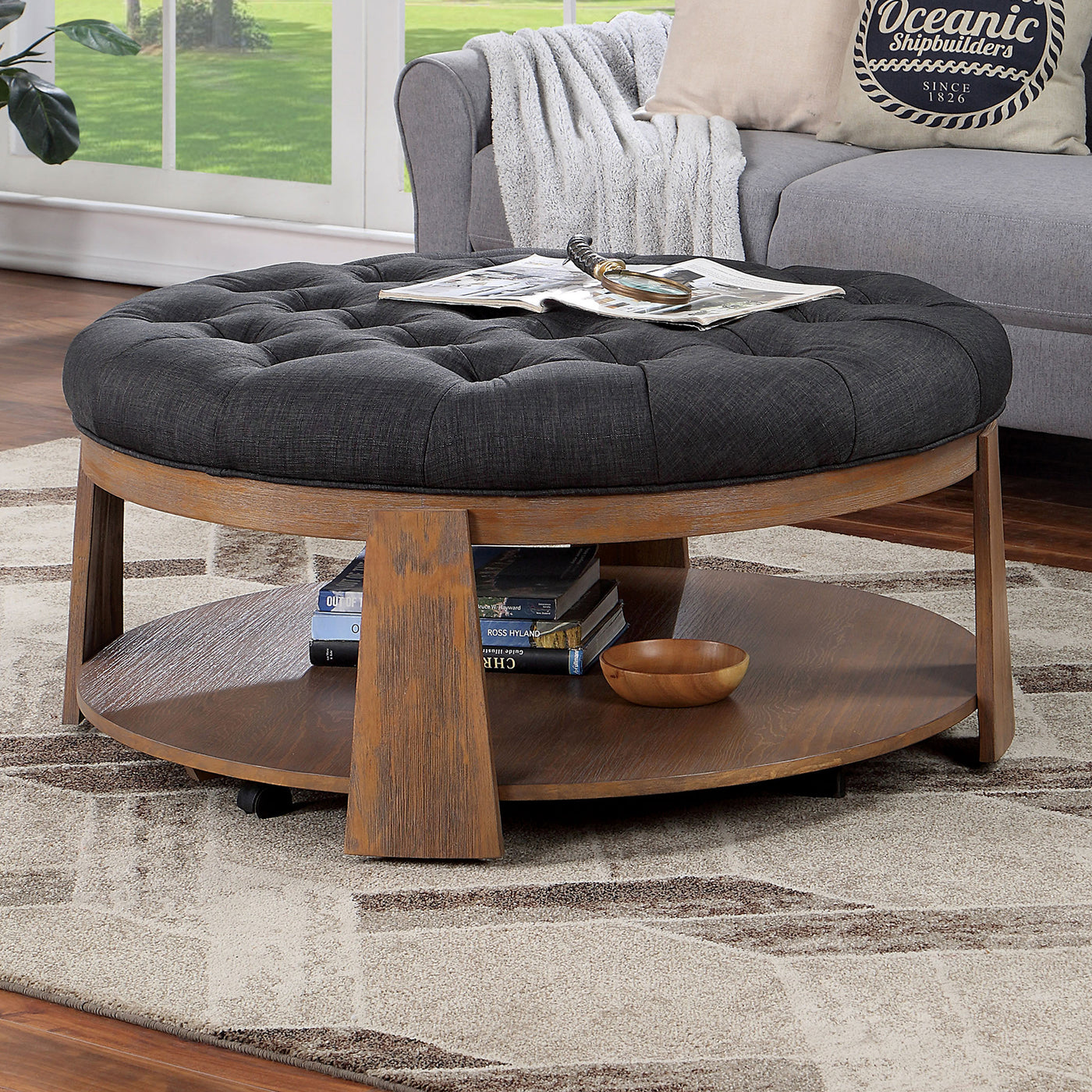 Wire-Brushed Transitional Ottoman Tufted Linen Gray