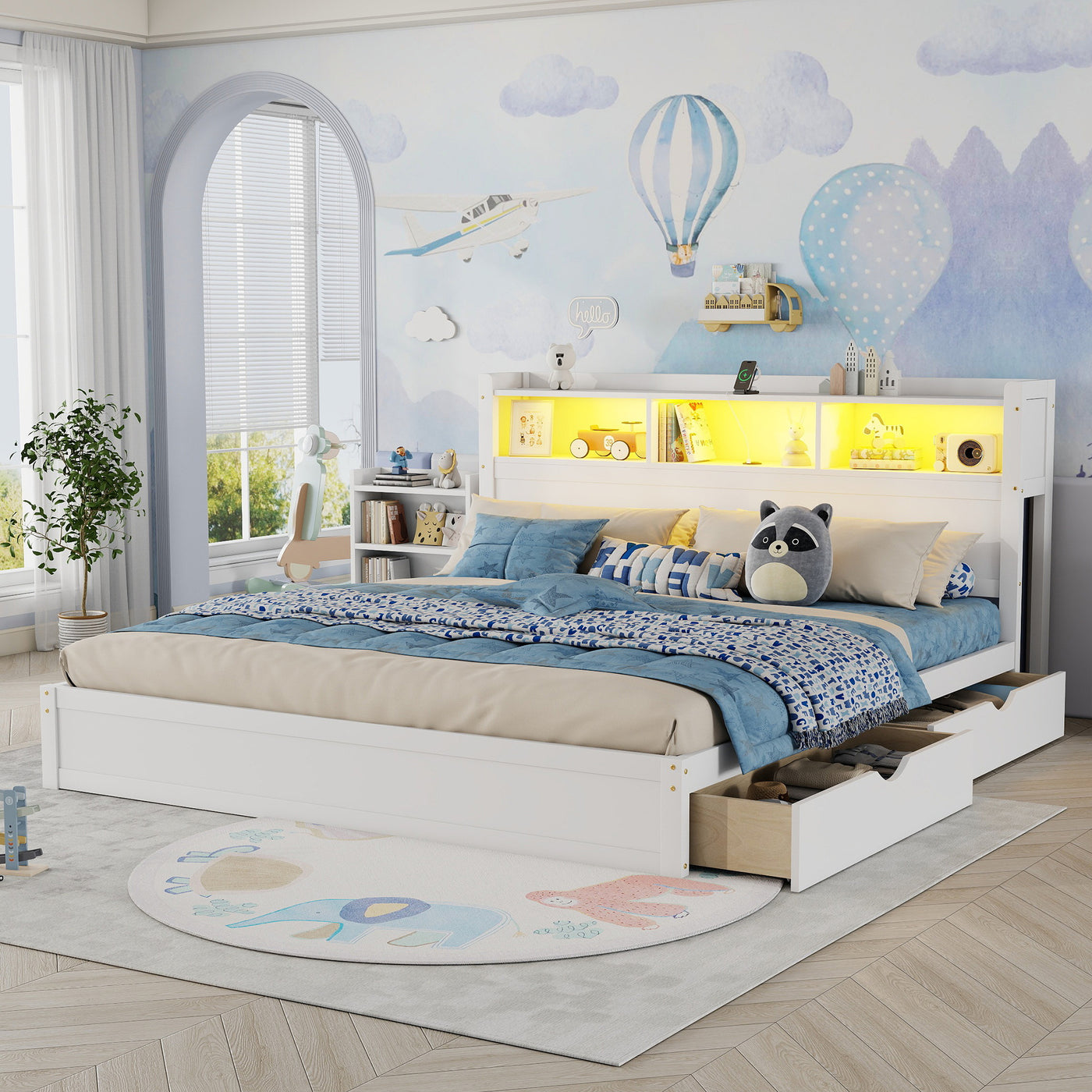 King Size Bed with Storage Drawers, Wood, White