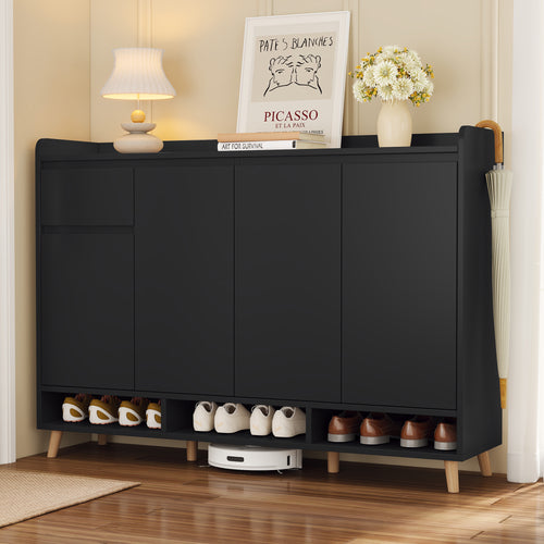 Black Shoe Cabinet Adjustable Shelves Wood Legs