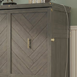 Queen Size Murphy Bed, Pine Wood Cabinet Bed with Built-in USB Charging Station and Geometrical Decoration Panel ,Grey