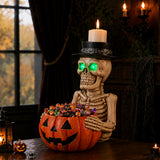 Halloween Skeleton Figurine with Pumpkin Candy Bowl & Candle Holder, Spooky Tabl