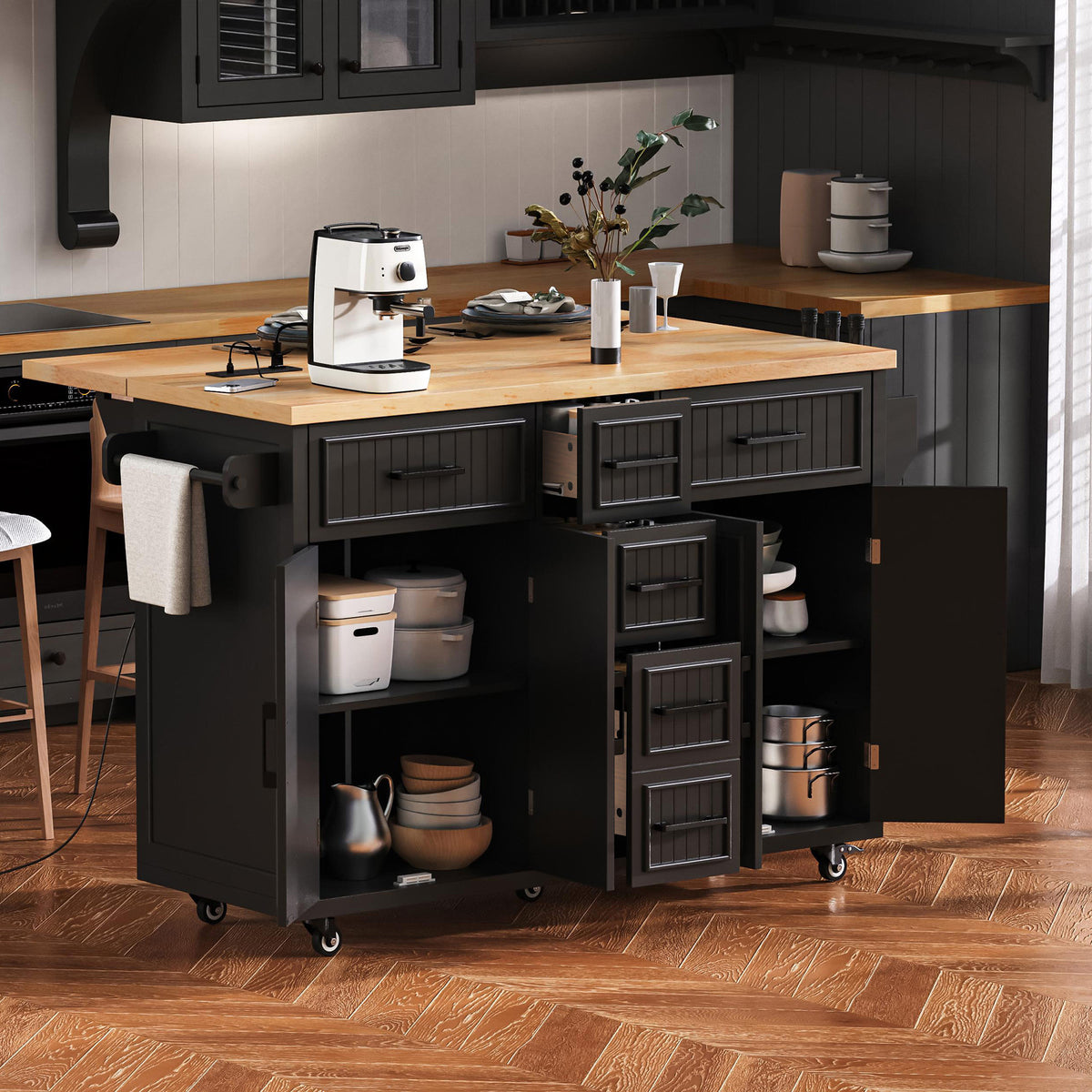 K&K 56.5'' Kitchen Island with Drop Leaf, Power Outlet, Embossed Vertical Stripe